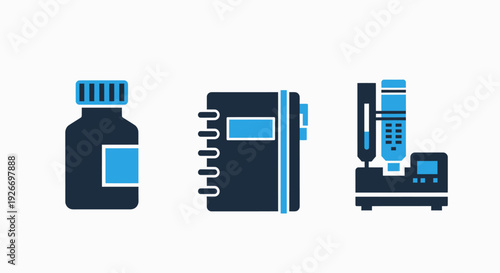 Set of modern flat icons representing scientific and research tools: a sample bottle, a spiral notebook, and a laboratory instrument.
