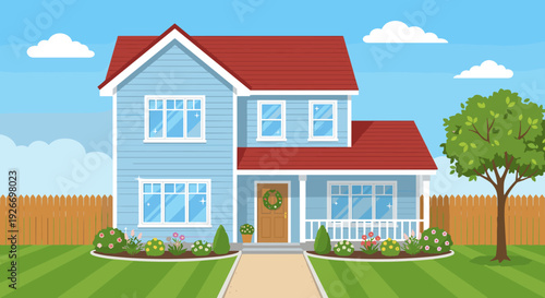 Charming blue suburban family house illustration with a red roof, front porch, and a manicured green lawn with flowers and a tree on a sunny day under a blue sky