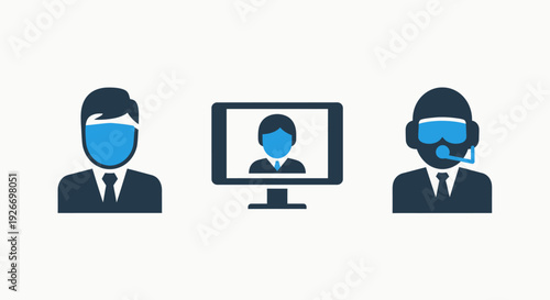 Online meeting icons: person, computer screen with person, and person with headset, representing virtual communication, video conferencing, and remote support.