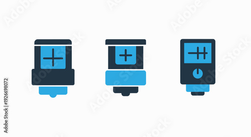 Medical infusion icons: three variations of an IV drip bag, one with a dial, representing medical treatment, intravenous therapy, and fluid administration.