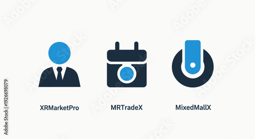 Abstract tech icons: user profile, calendar/schedule, and power button/on-off switch, symbolizing digital platforms, scheduling, and control interfaces.