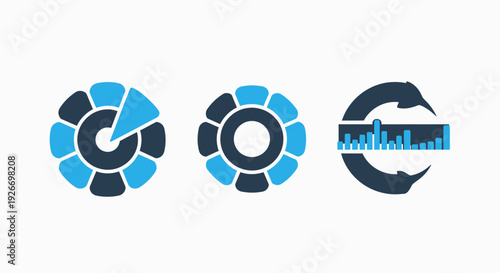 Collection of modern flat icons: pie chart for data visualization, gear for process, and dolphin leaping over a bar graph.