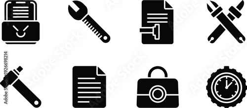 Collection of eight business and industrial tool icons, black vector silhouettes of hard hat, wrench, and hammer isolated on white.