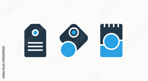 Flat icons representing tags or labels: a traditional tag, a rounded tag with a circle, and a notepad-style tag for product or information.