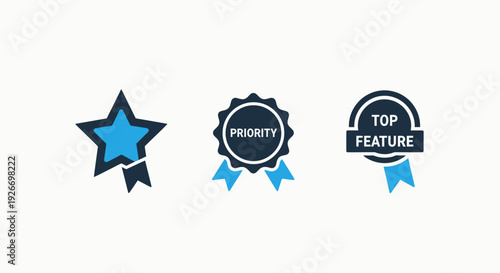 Set of icons for recognition and awards: a star badge, priority ribbon, and a top feature medal, symbolizing excellence and achievement.