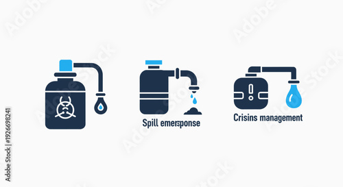 Icons for emergency response: hazardous material container, spill response kit, and crisis management, indicating safety and containment protocols.