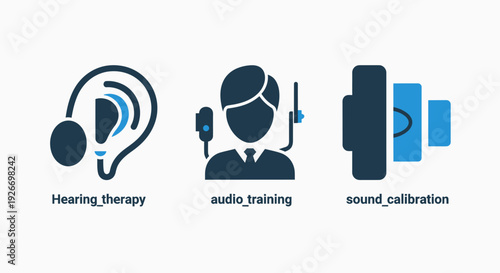 Set of icons for hearing therapy, audio training, and sound calibration services, rendered in a modern flat design with blue and dark blue accents.