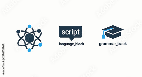 Vector icons illustrating scientific research with atomic structure, a script for language learning, and a graduation cap for academic tracks, in blue and dark blue.
