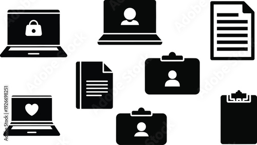 Collection of eight business and office supply icons, black vector silhouettes of computer, briefcase, and stationery isolated on white.