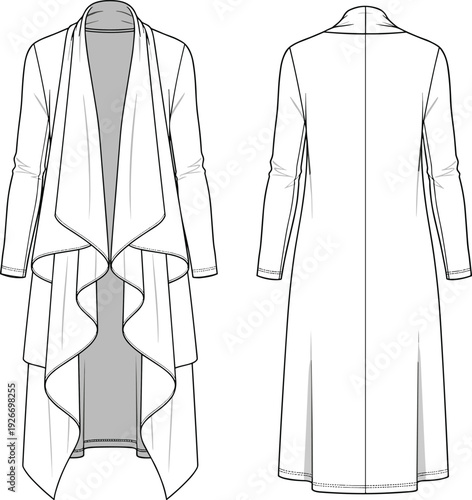 Long open front cardigan illustration, waterfall drape design, asymmetrical hemline, fashion garment sketch, technical drawing, apparel construction, clothing design reference