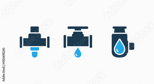 Icons depicting plumbing and water systems: a filter or valve fitting, a faucet with a dripping water drop, and a water meter or flow regulator, in blue and dark blue.