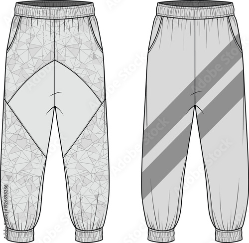 Jogger pants fashion illustration, elastic waistband design, ankle cuff detail, geometric pattern style, diagonal stripe accents, technical garment sketch