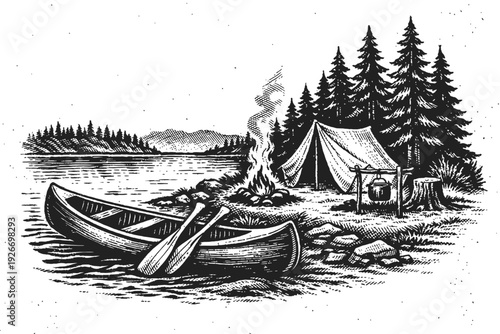 Vintage woodcut illustration: serene wilderness campsite. Classic canoe with paddles by tranquil lake, warm campfire with cooking pot next to rustic tent among pine trees, distant mountains. Inspiring