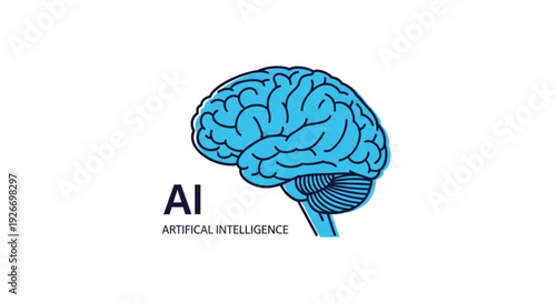 Artificial intelligence concept with blue brain and ai text on white background symbolizing machine learning and technology