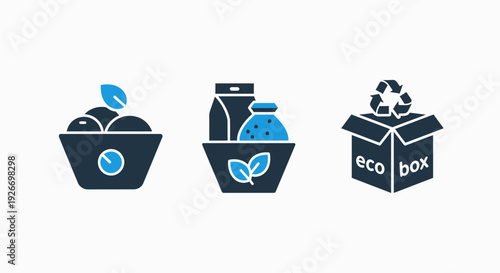 Eco-friendly icons: a bowl of fruit, a container of organic products, and an open eco box with recycling symbol, suggesting sustainable living and packaging.
