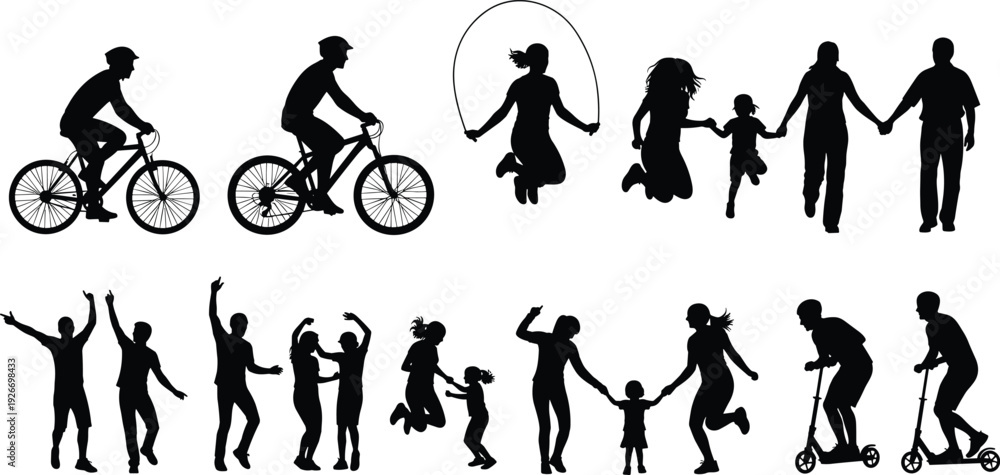 Fototapeta premium Large black silhouette collection of diverse people and families engaging in cycling jumping rope running and riding scooters flavector