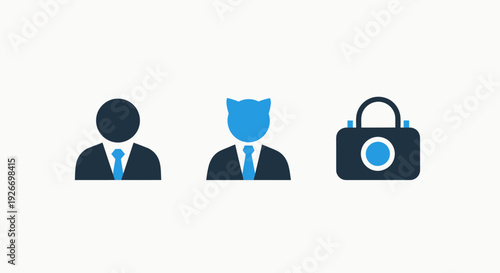 User and security icons: person, person with cat ears, and padlock camera, representing profiles, identity, and secure access with a playful twist.