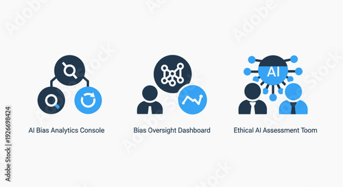 AI bias and ethics icons: analytics console, oversight dashboard, and assessment tool, representing responsible AI development and fairness.