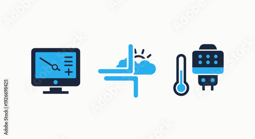 Environmental and tech icons: monitor, weather forecast, thermometer, and smart plug, symbolizing climate monitoring and smart home technology.