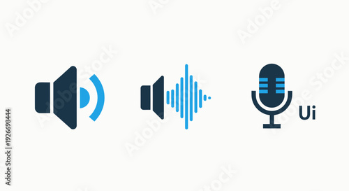 Set of icons for audio input and output: speaker, sound wave, and microphone with UI label, representing sound processing and user interface elements.