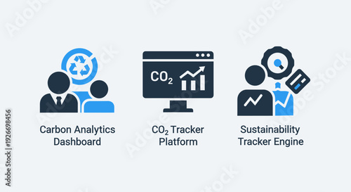 Icons for carbon analytics, CO2 tracker, and sustainability engine, representing environmental monitoring, ecological data, and green initiatives.