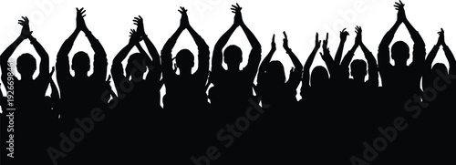 Cheering crowd silhouettes with raised hands isolated on white background, excited audience celebration concept, concert fans applause, festival party energy illustration design