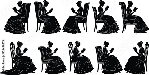 Vintage women reading book silhouettes collection isolated on white background, classic Victorian lady sitting poses, historical lifestyle illustration for literature and antique design projects