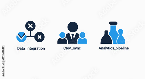 Business technology icons: data integration, CRM sync, and analytics pipeline for modern digital solutions.