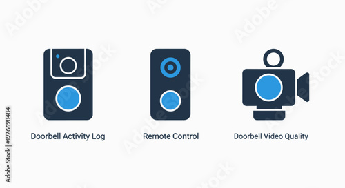 Smart home security icons: doorbell activity log, remote control, and video quality for enhanced surveillance.