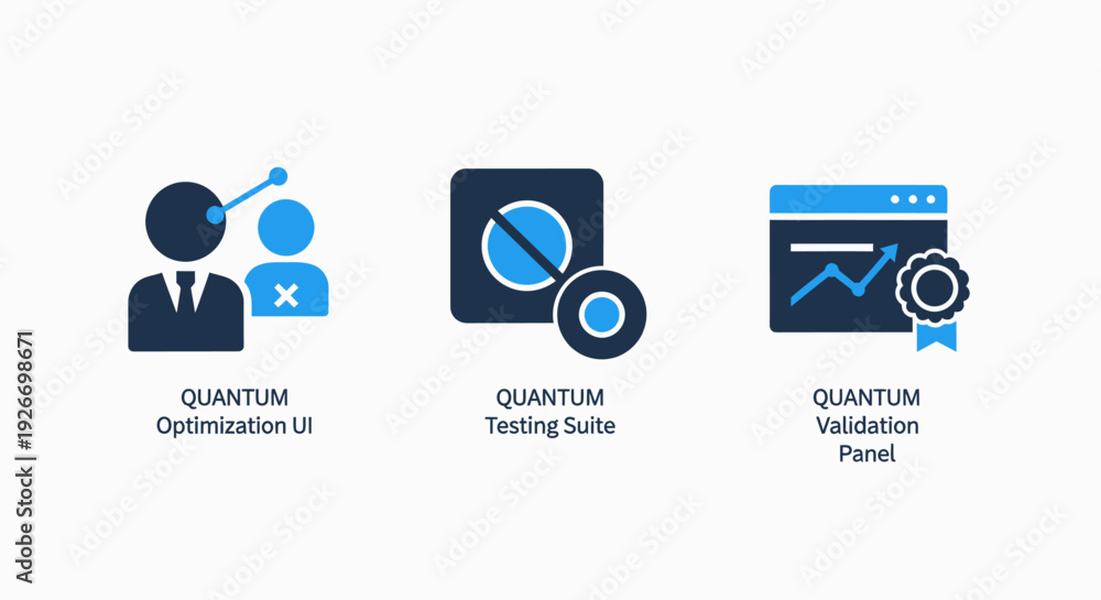 Fototapeta premium Quantum technology icons: optimization UI, testing suite, and validation panel for advanced scientific and tech applications.