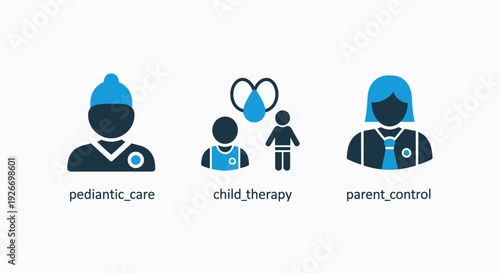 Icons depicting pediatric care, child therapy, and parent control, symbolizing family well-being and safety