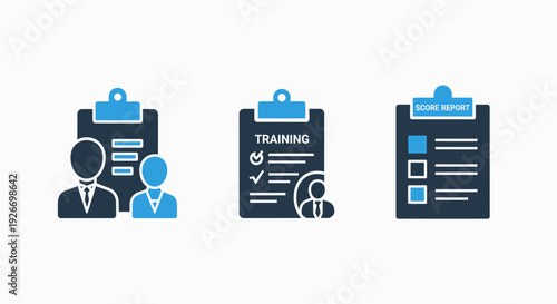 Icons for training and assessment: checklist for employees, training progress, and score reports for performance evaluation