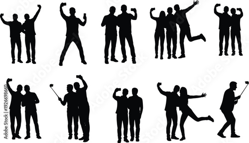 Friends taking selfie silhouettes collection isolated on white background, happy people posing with smartphones, social media lifestyle, friendship moments and modern youth illustration