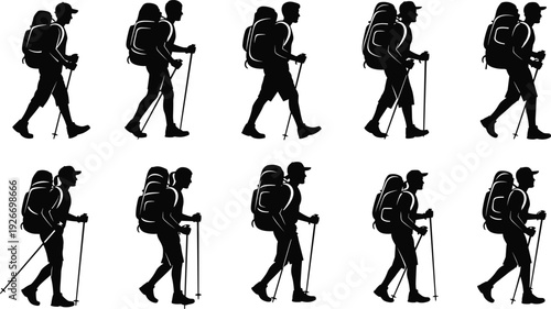 Large black silhouette collection of male and female hikers with backpacks and trekking poles walking isolated on white background flavector
