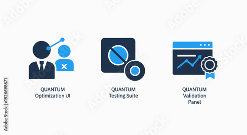 Quantum technology icons: optimization UI, testing suite, and validation panel for advanced scientific and tech applications.