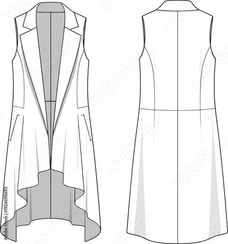 Sleeveless asymmetrical long vest illustration, modern tailored coat design, notched lapel collar, high low hemline, fashion sketch, garment construction drawing