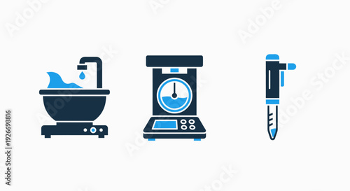 Scientific Measurement Icons: Water Analysis, Weighing Scale, and Pipette