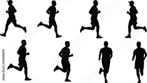 Collection of eight male and female runner silhouettes, black vector icons of people jogging and sprinting in motion isolated on white background.