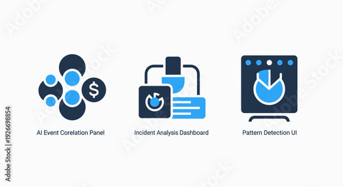 AI Incident Analysis Icons: Event Correlation, Dashboard, and Pattern Detection