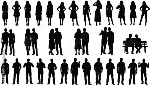 People silhouettes collection isolated on white background, men and women standing poses, couples and groups set, social lifestyle characters illustration for design projects