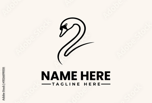 Minimalist logo design featuring a swan and placeholder text on a beige background with black lines and text.