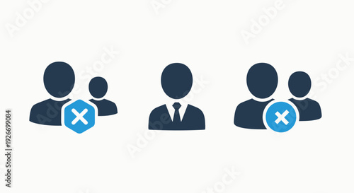 Modern Flat Design User Management and Rejection Icons: Remove User, Delete Profile, and Exclude Group for Digital Privacy and System Control