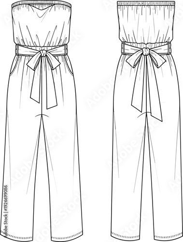 Strapless jumpsuit fashion illustration, gathered elasticized top, cinched waist with tied belt, wide leg pants, technical garment sketch, apparel drawing