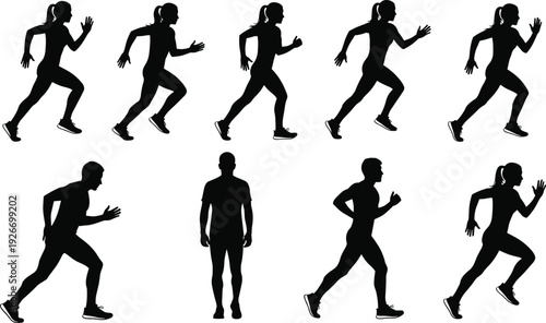Large black silhouette collection of professional male and female athletes in various running and sprinting action poses flavector white background