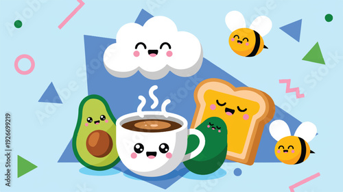 Cartoon breakfast scene with smiling food and insects on blue background