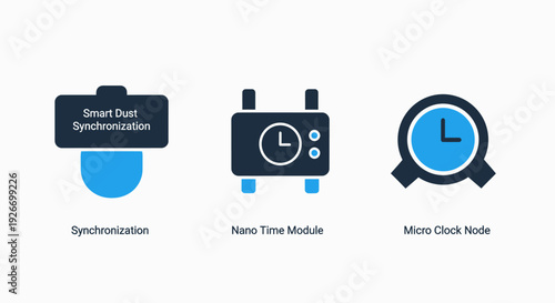 Time and Synchronization Icons: Smart Dust, Nano Module, and Micro Clock