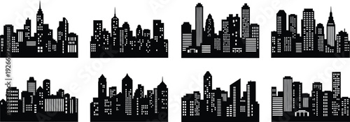 Collection of eight modern city skyline silhouettes, black vector icons of urban landscapes with illuminated window details isolated on white.