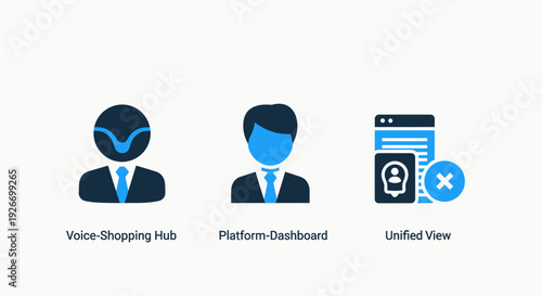 Platform Dashboard and Unified View Vector Icons for User Management, Voice Shopping Hubs, and Data Overview in Modern Digital Interface Design