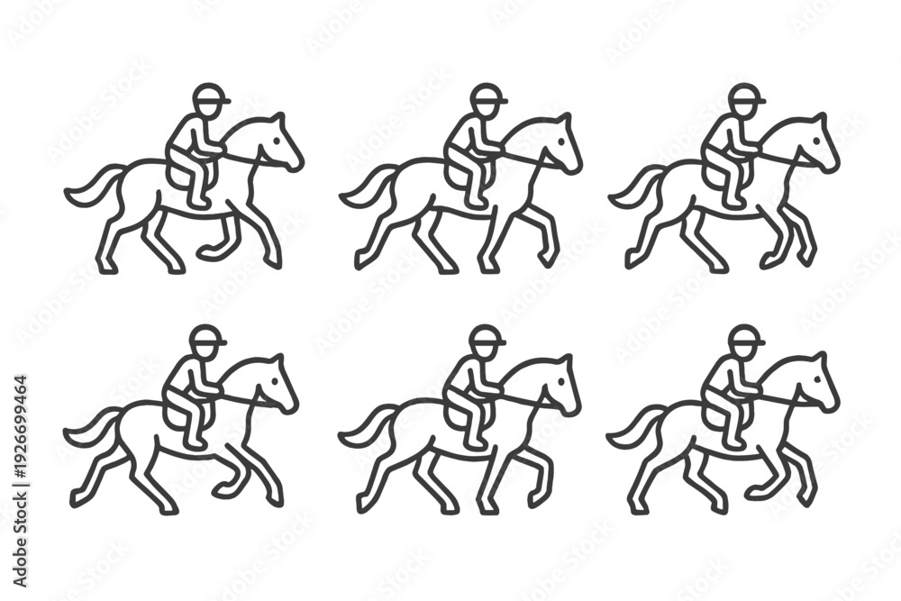 Fototapeta premium Minimalist black and white icons of a person riding a horse in motion