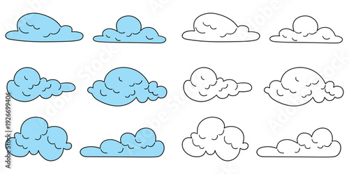 Hand-drawn cartoon and doodle set of clouds on a white background.